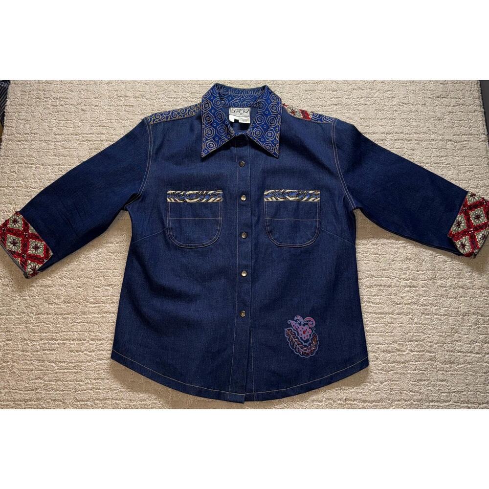 Surya Women's Denim Patchwork‎ Shirt Blue Size M Long Sleeve Button Up Boho